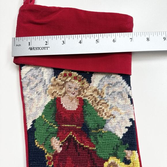 Macys Holiday Lane Christmas Wool Needlepoint Velvet Holiday Stocking Angel Red - Picture 3 of 5